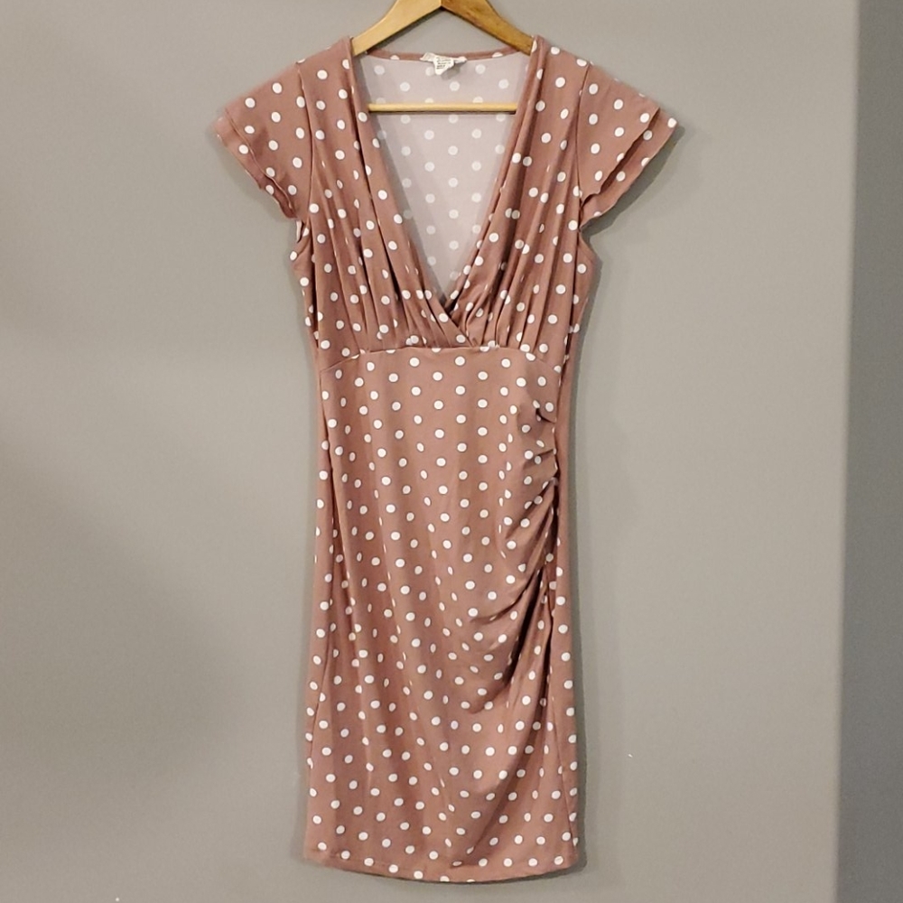 Dusky pink polka dot flutter sleeve dress